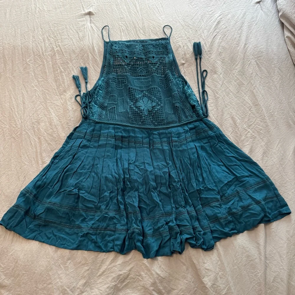 Free People Teal Crochet Bodice Mini Dress